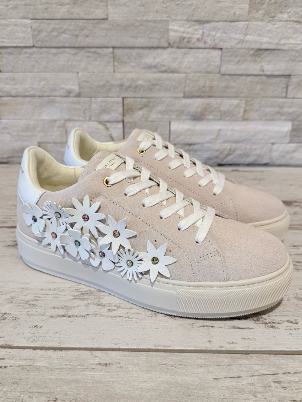 Kurt Geiger London Laney Flower Suede Platform Sneakers Bone Combo Sz 40.5 EU